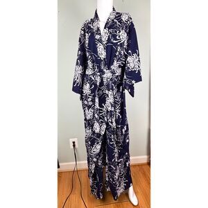 Vintage 80s Women's Ichiban Kimono 60" Blue White Floral Cotton Robe Japan